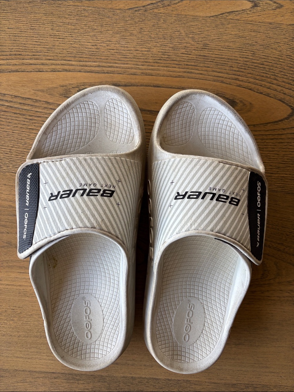 Bauer Adjustable Slide Sandals in Beige with Black Logo Accents